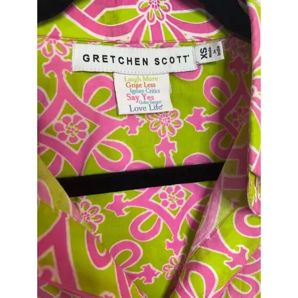 Gretchen Scott Designs Priss Brooks Ruffle Blouse Pink Green Sz XS - Picture 3 of 8